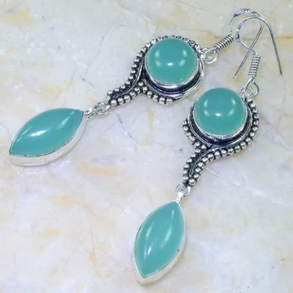 Blue Chalcedony Gemstone 3" Ornate Silver Plated Earrings