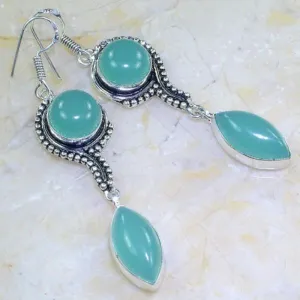 Blue Chalcedony Gemstone 3" Ornate Silver Plated Earrings