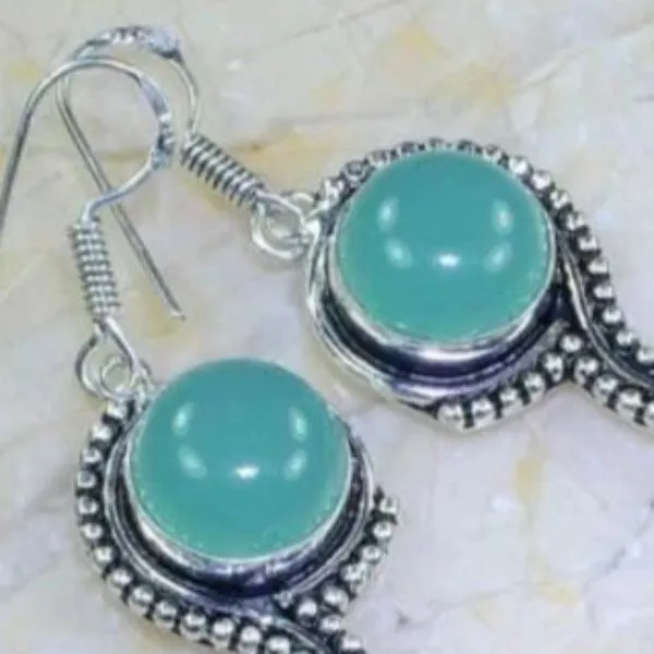 Blue Chalcedony Gemstone 3" Ornate Silver Plated Earrings
