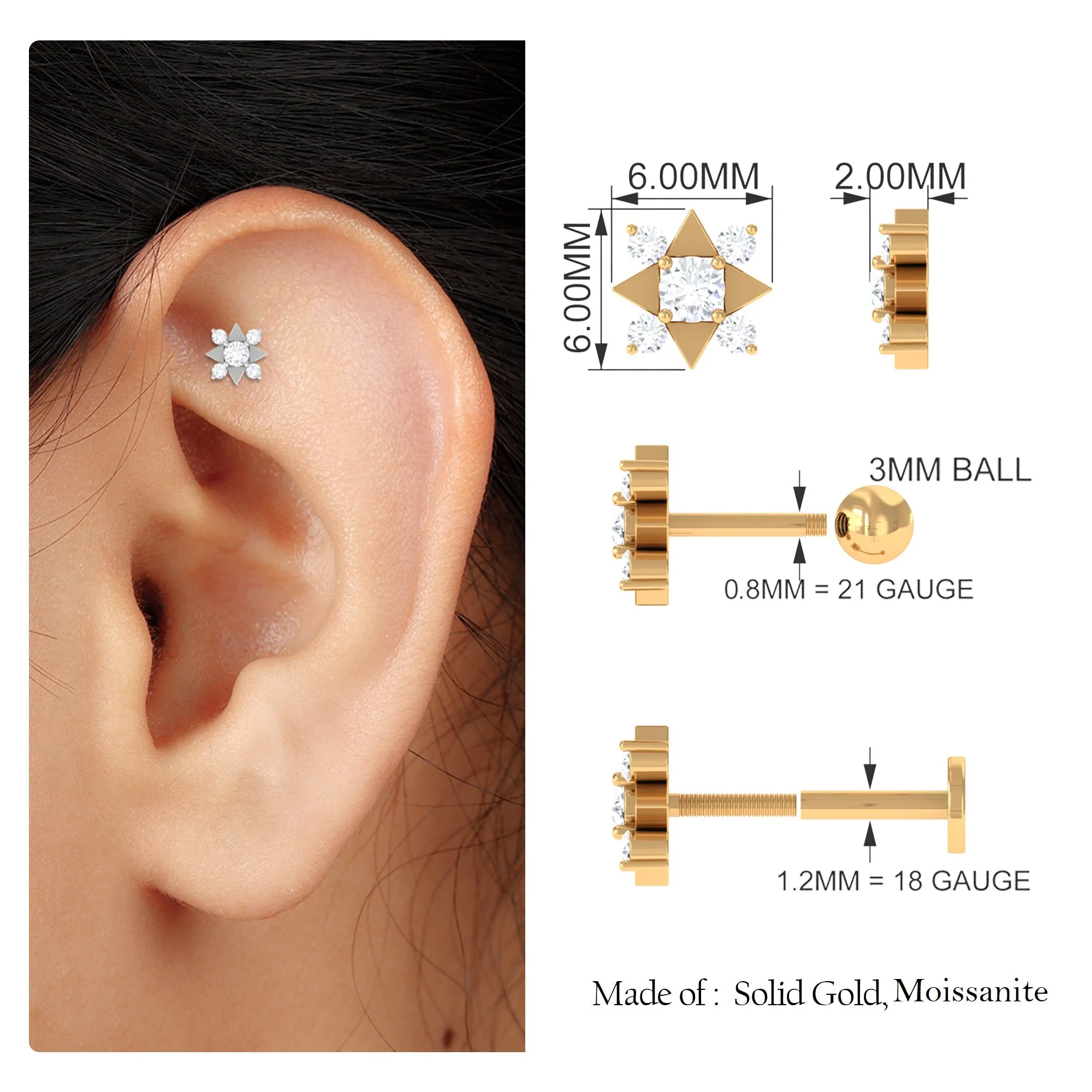 Certified Moissanite Art Deco Earring for Conch Piercing