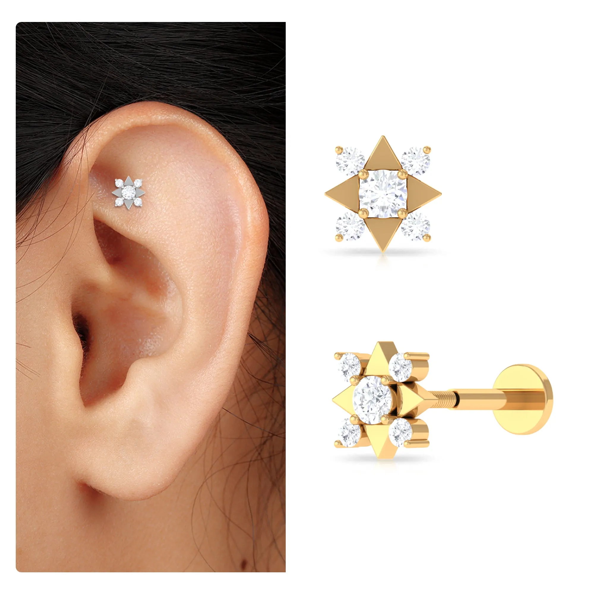 Certified Moissanite Art Deco Earring for Conch Piercing