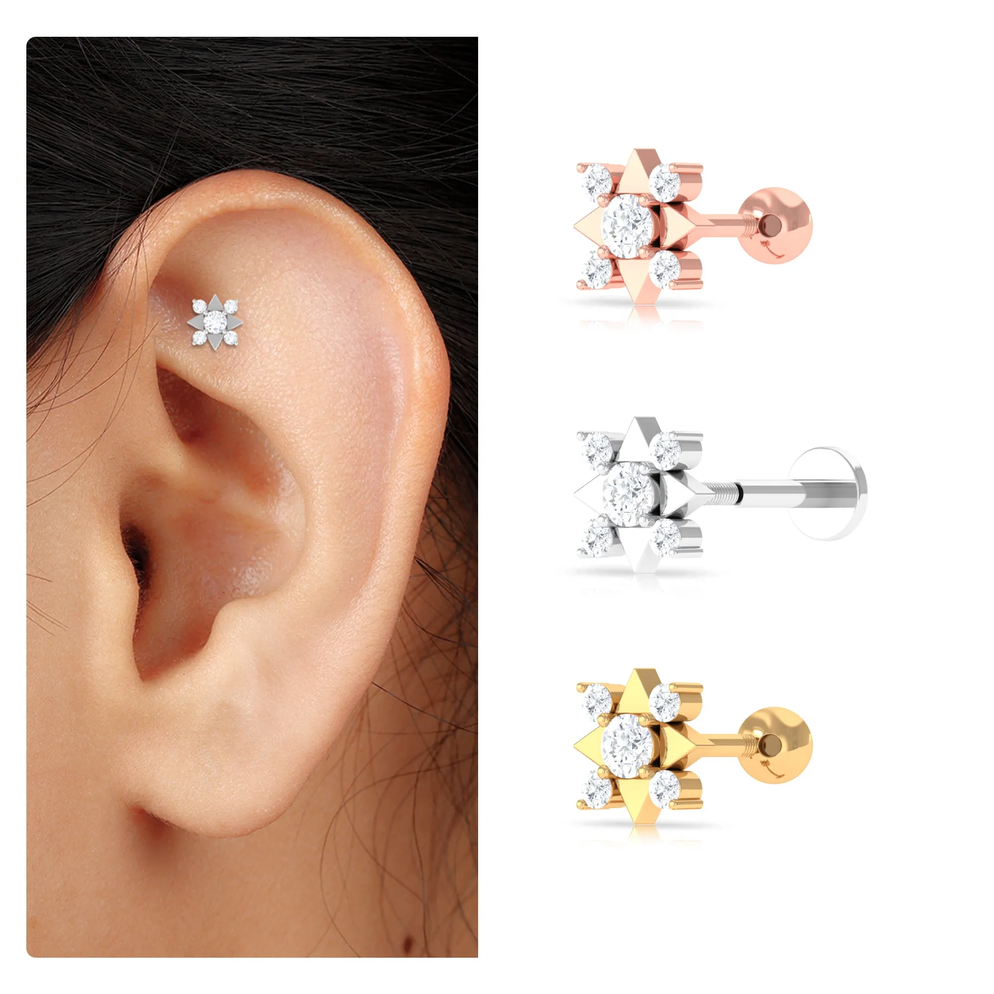 Certified Moissanite Art Deco Earring for Conch Piercing