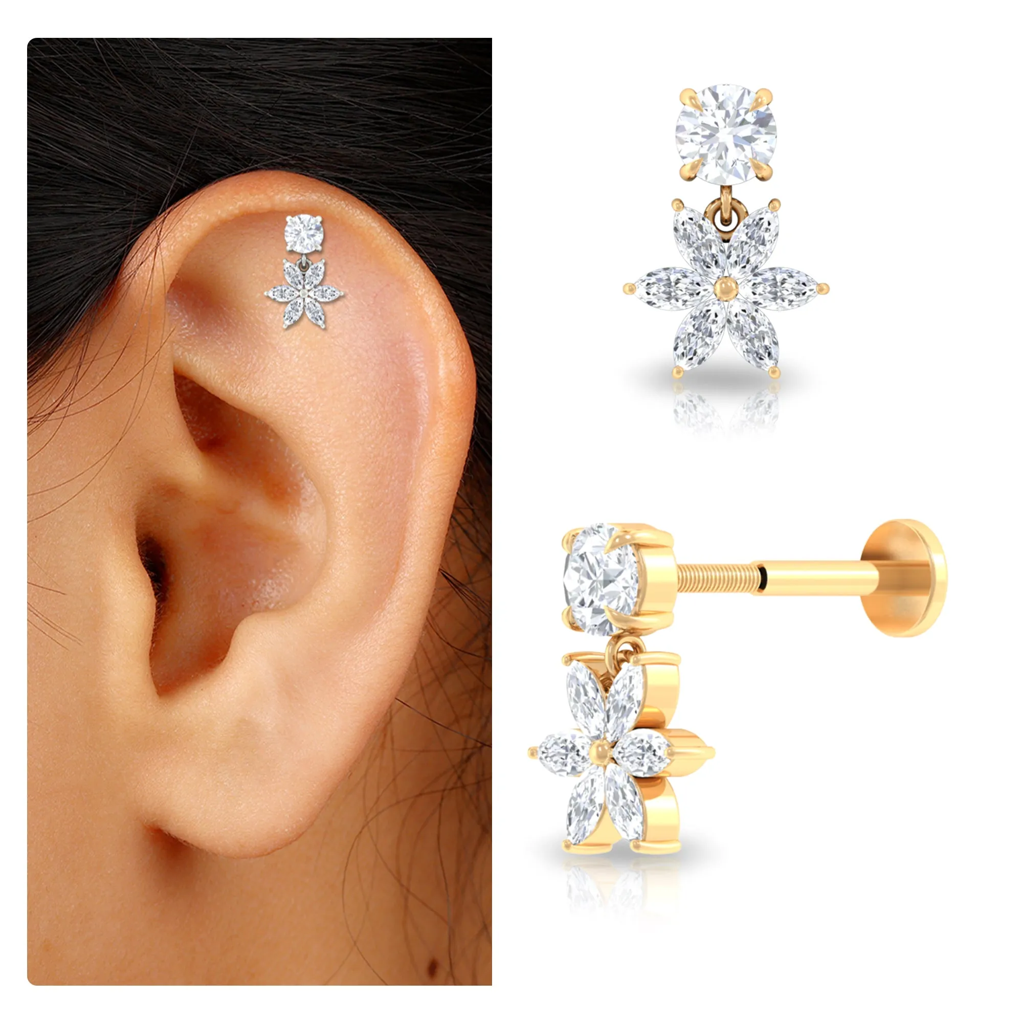 Certified Moissanite Flower Drop Cartilage Earring