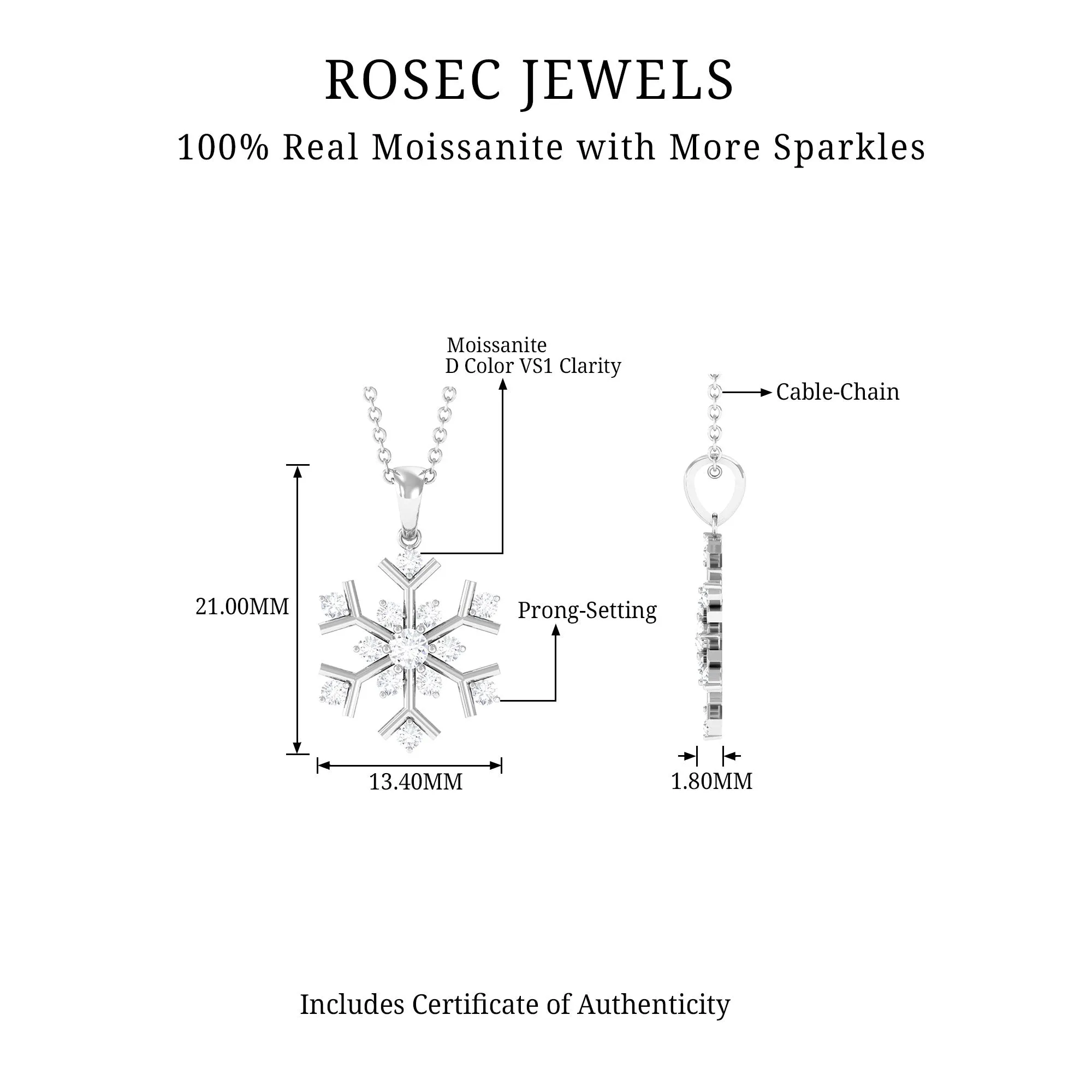 Certified Moissanite Snowflake Pendant in 2 Prong Setting