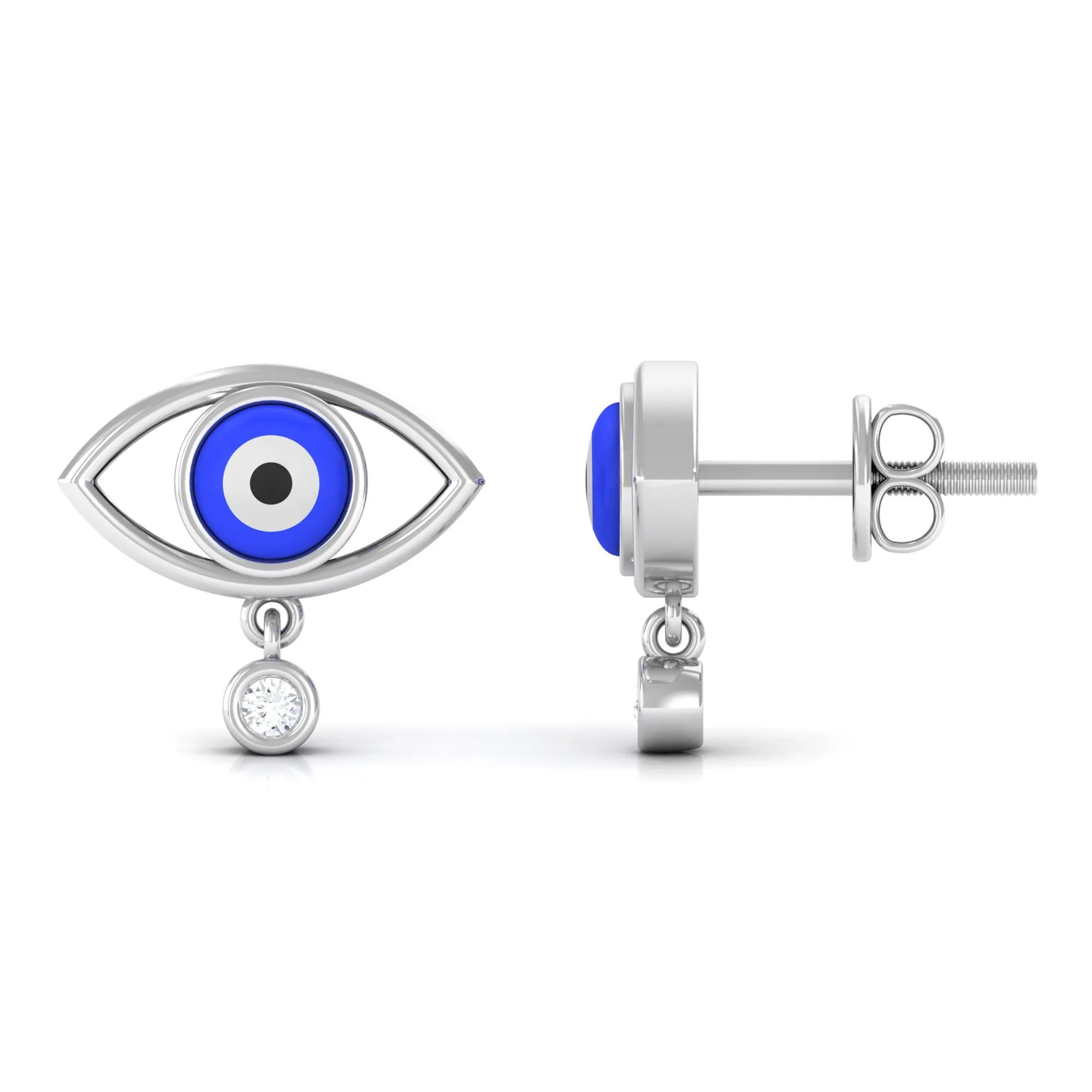 Classic Evil Eye Stud Earrings with Moissanite Drop in Bezel Setting
