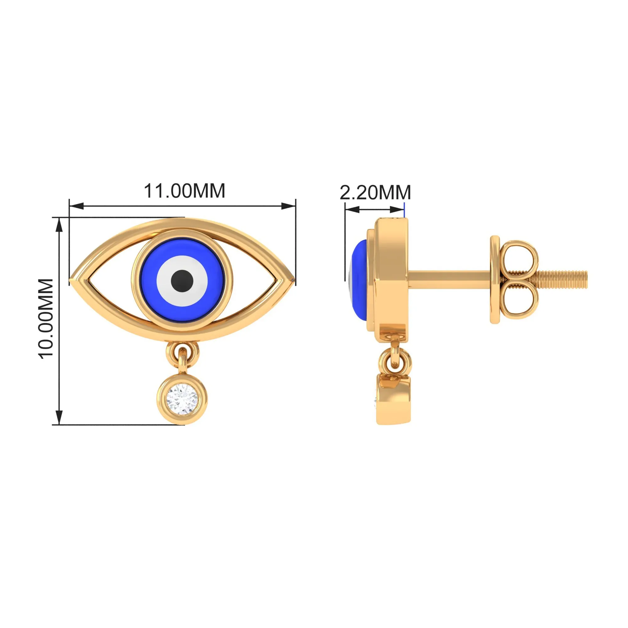 Classic Evil Eye Stud Earrings with Moissanite Drop in Bezel Setting