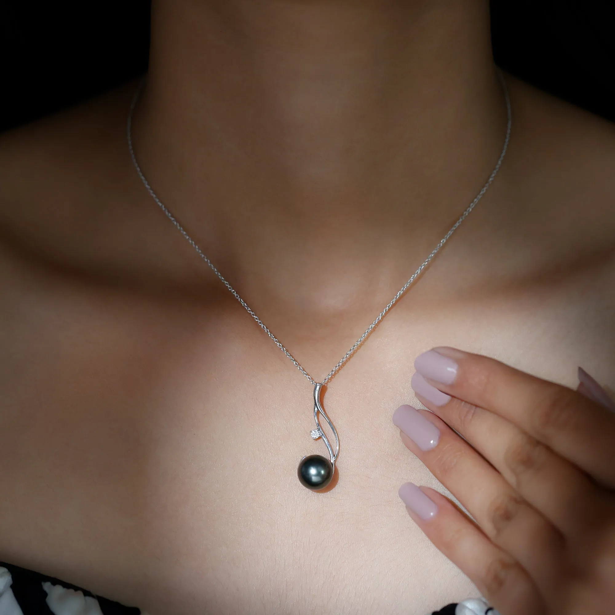 Classic Tahitian Pearl and Moissanite Drop Pendant with Hidden Bail