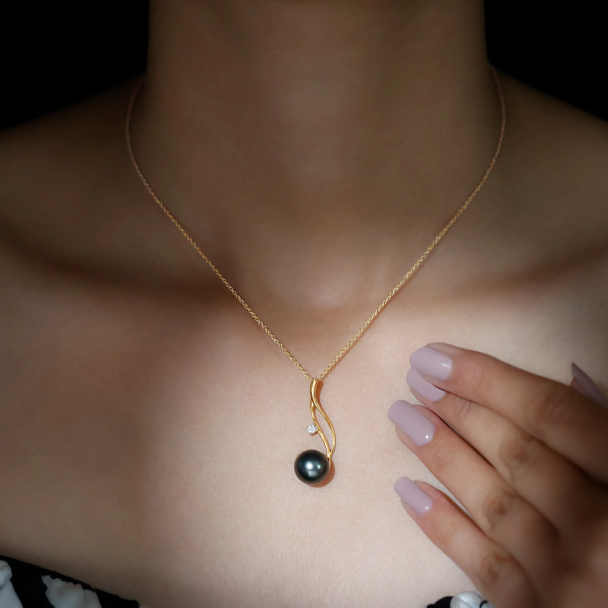 Classic Tahitian Pearl and Moissanite Drop Pendant with Hidden Bail