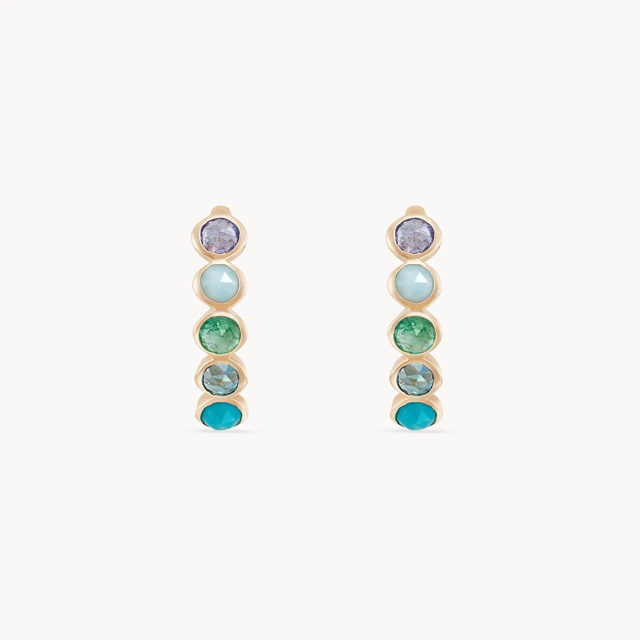 coastal nomad five stone mood hoop - 14k yellow gold, tanzanite, larimar, emerald, london blue topaz, turquoise