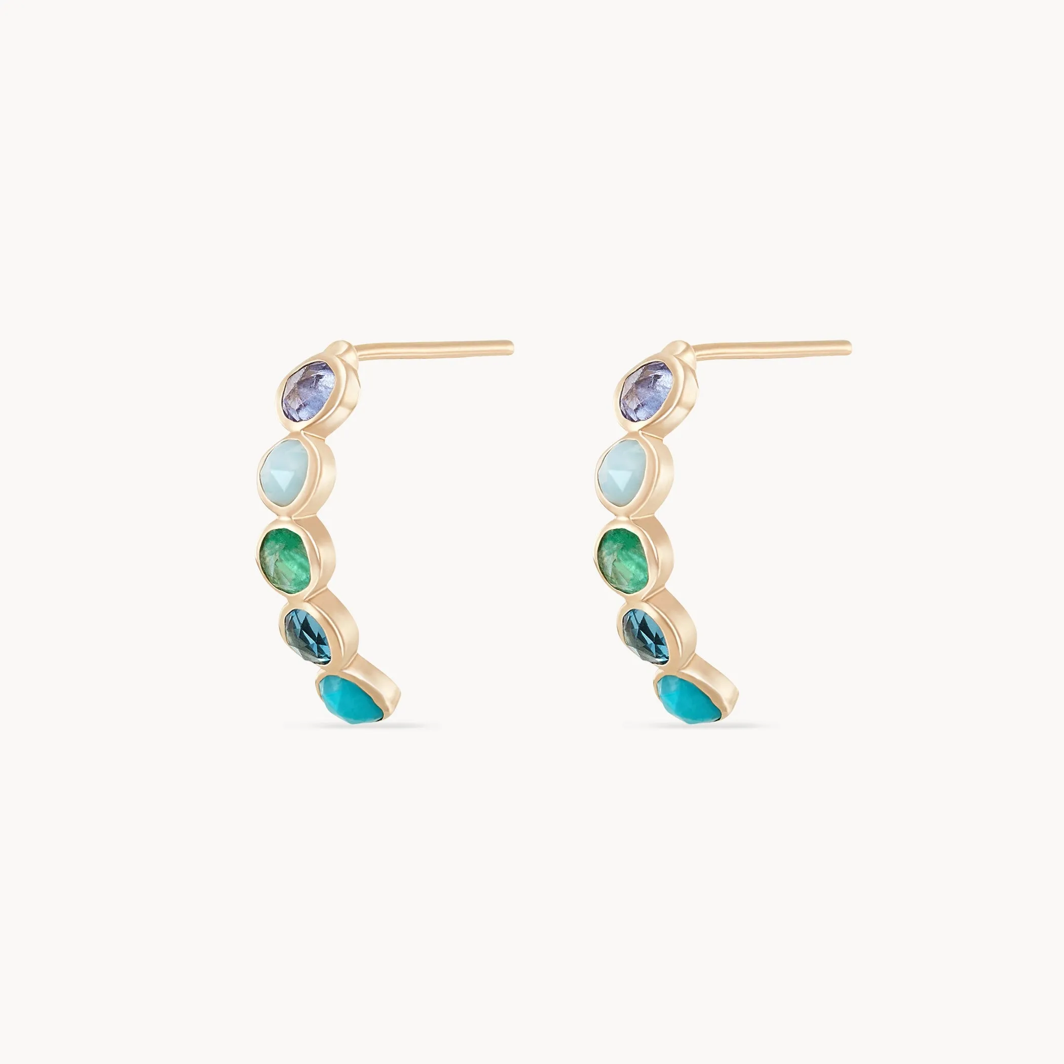 coastal nomad five stone mood hoop - 14k yellow gold, tanzanite, larimar, emerald, london blue topaz, turquoise