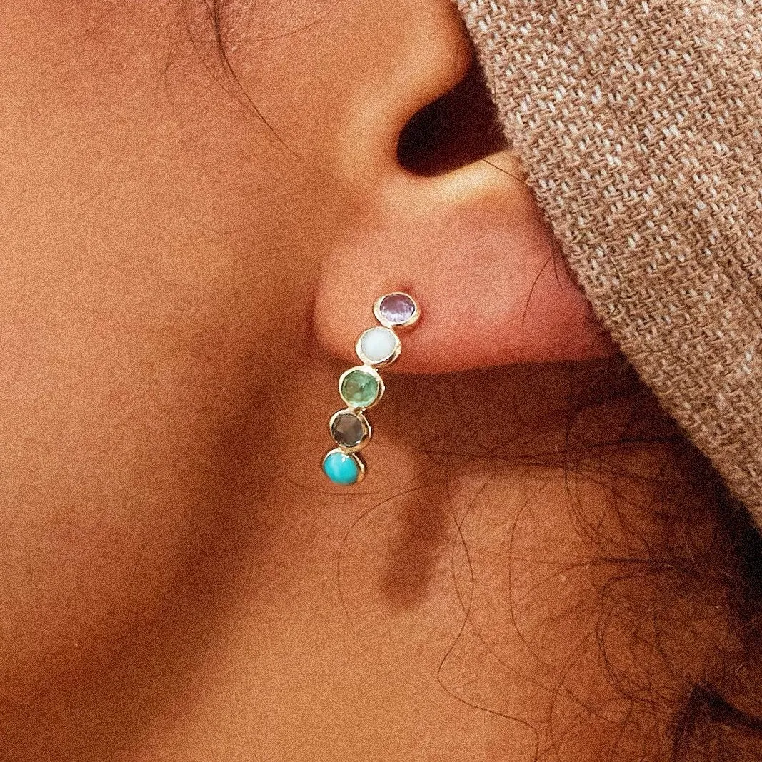 coastal nomad five stone mood hoop - 14k yellow gold, tanzanite, larimar, emerald, london blue topaz, turquoise