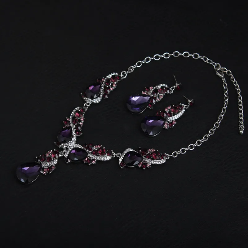 Crystal gemstone necklace and earrings set exaggerated fashion women's