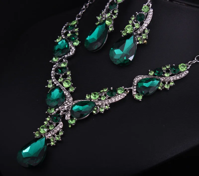 Crystal gemstone necklace and earrings set exaggerated fashion women's