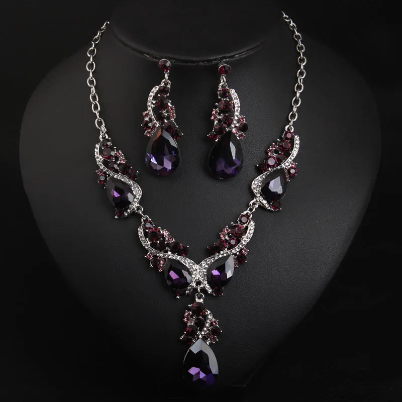 Crystal gemstone necklace and earrings set exaggerated fashion women's