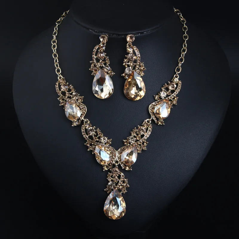 Crystal gemstone necklace and earrings set exaggerated fashion women's