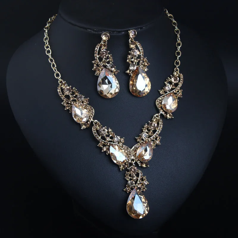 Crystal gemstone necklace and earrings set exaggerated fashion women's