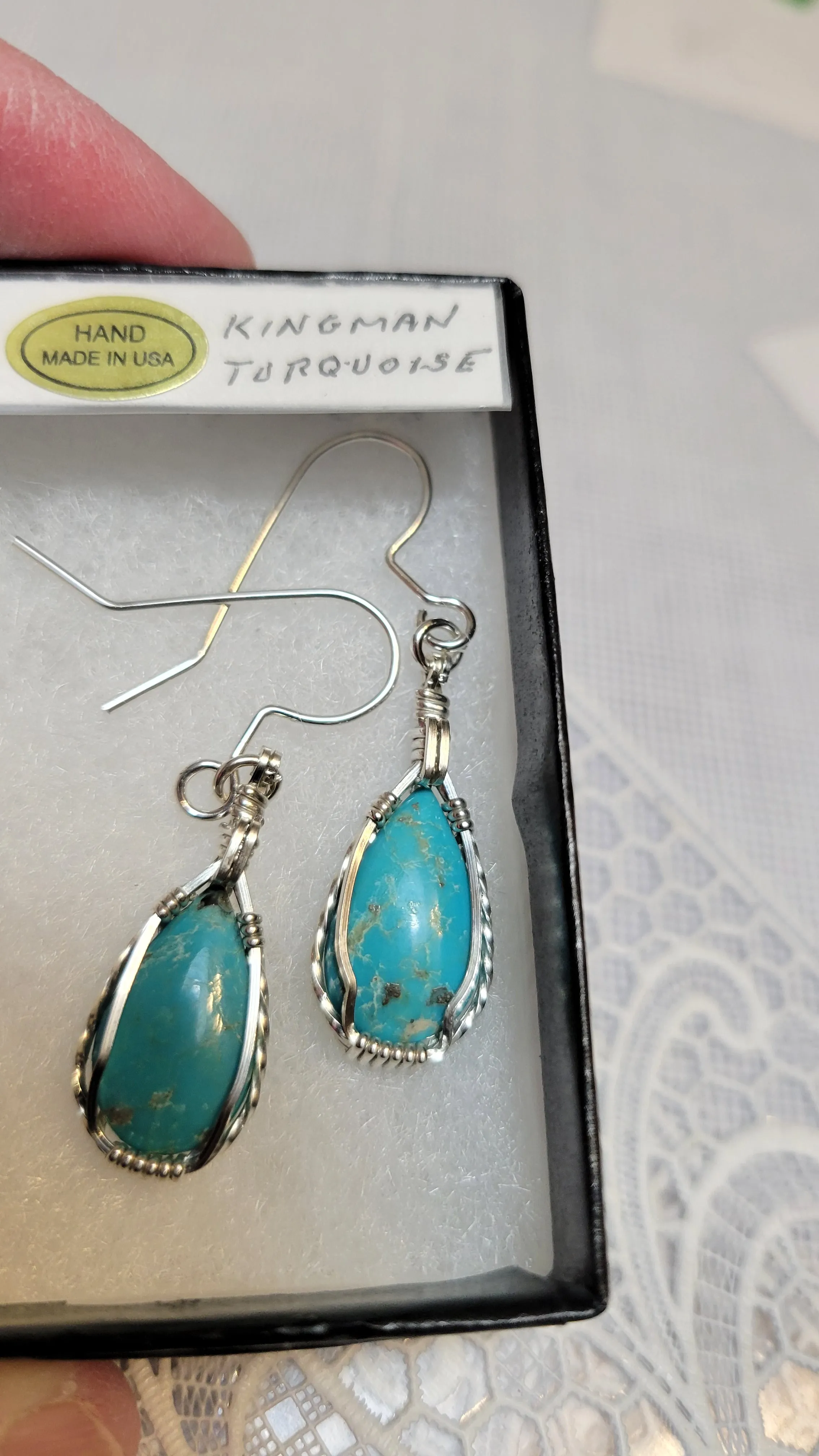 Custom Wire Wrapped Kingman Turquoise Earrings Sterling Silver