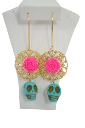 Day Of The Dead Pink Rose and Skull Turquoise Earrings