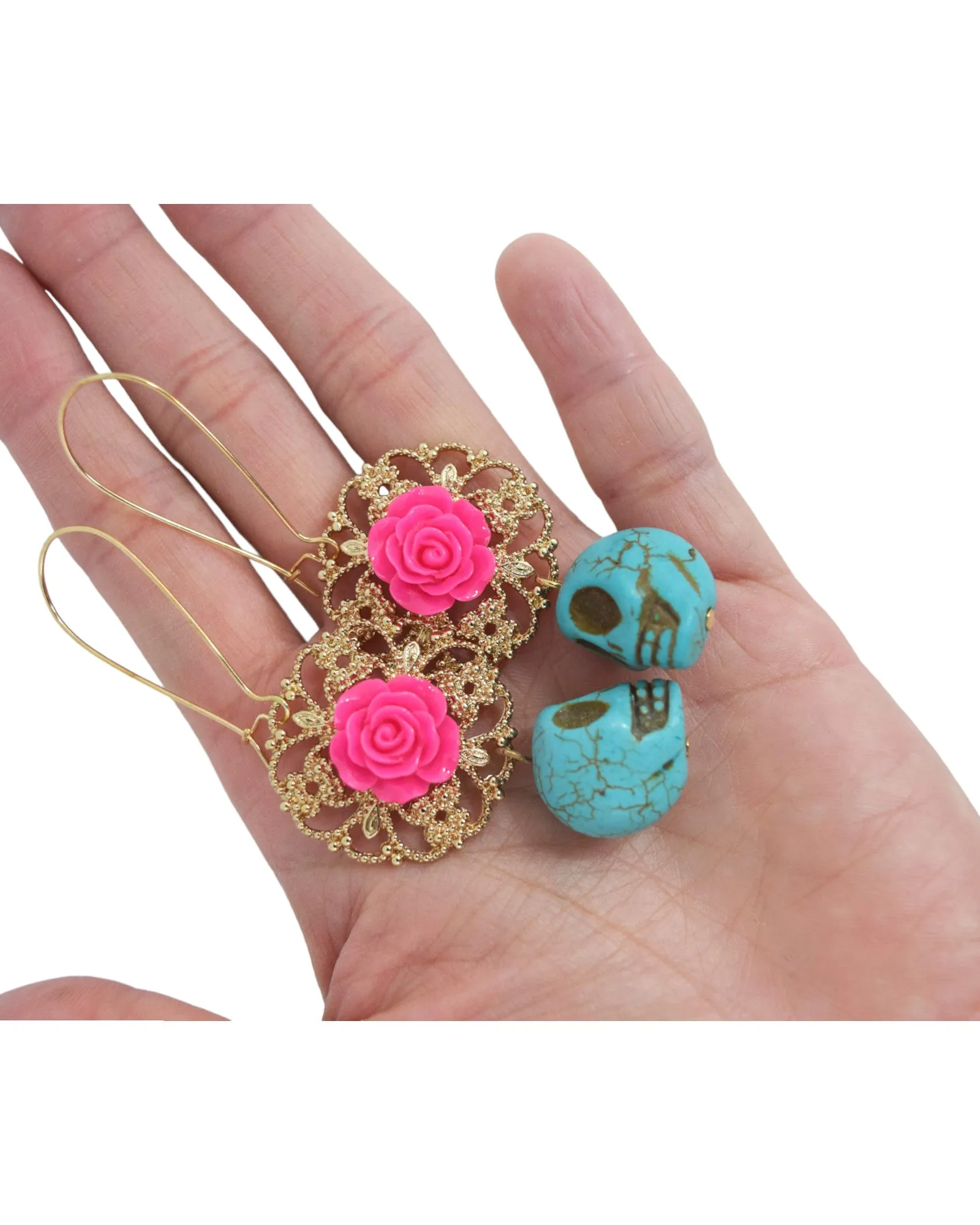 Day Of The Dead Pink Rose and Skull Turquoise Earrings