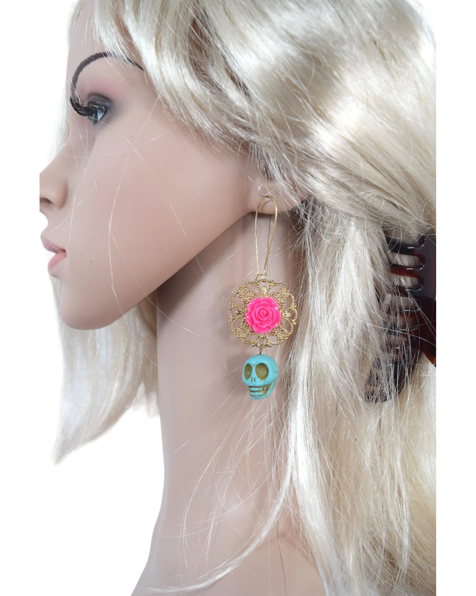 Day Of The Dead Pink Rose and Skull Turquoise Earrings