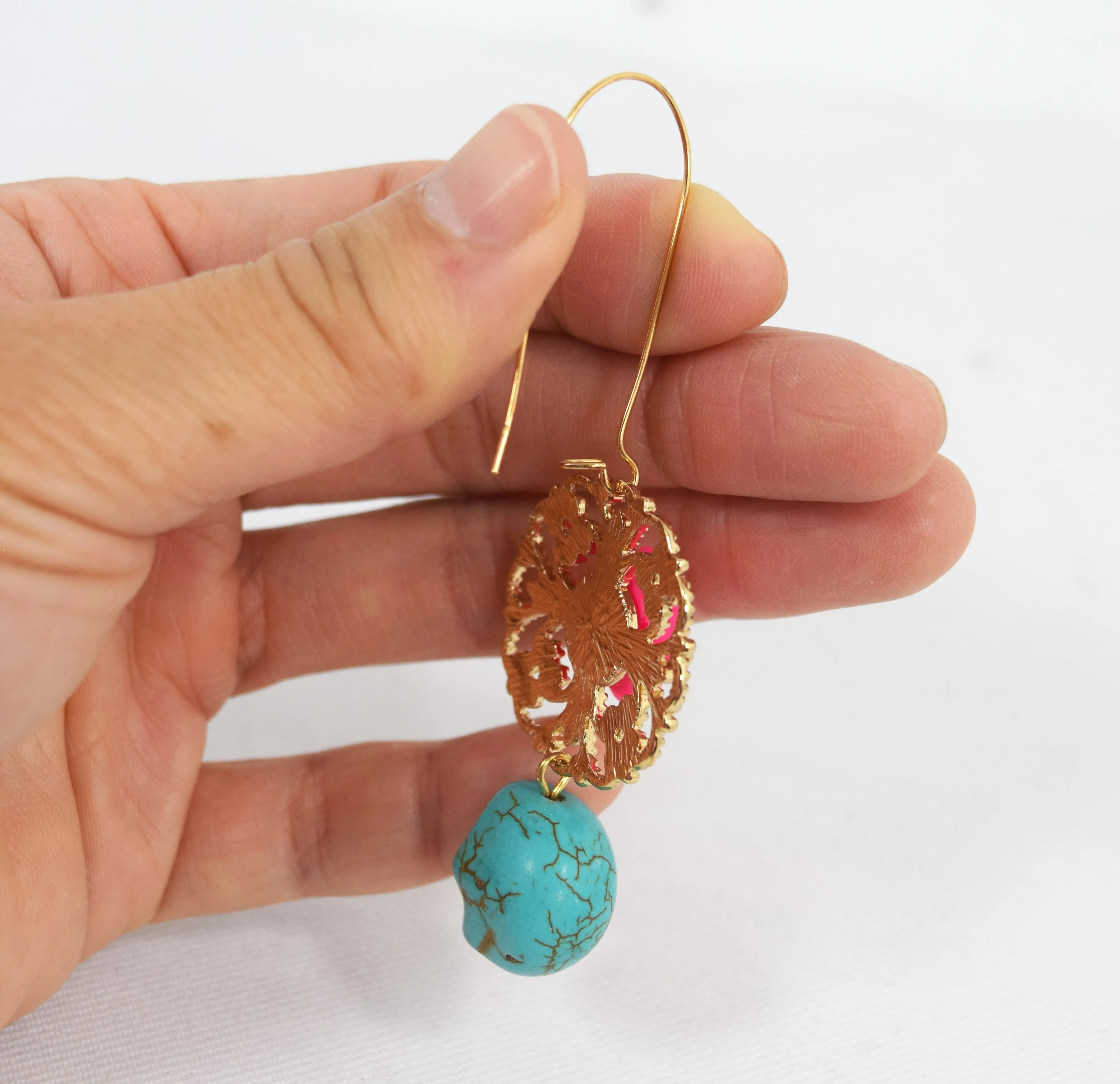 Day Of The Dead Pink Rose and Skull Turquoise Earrings
