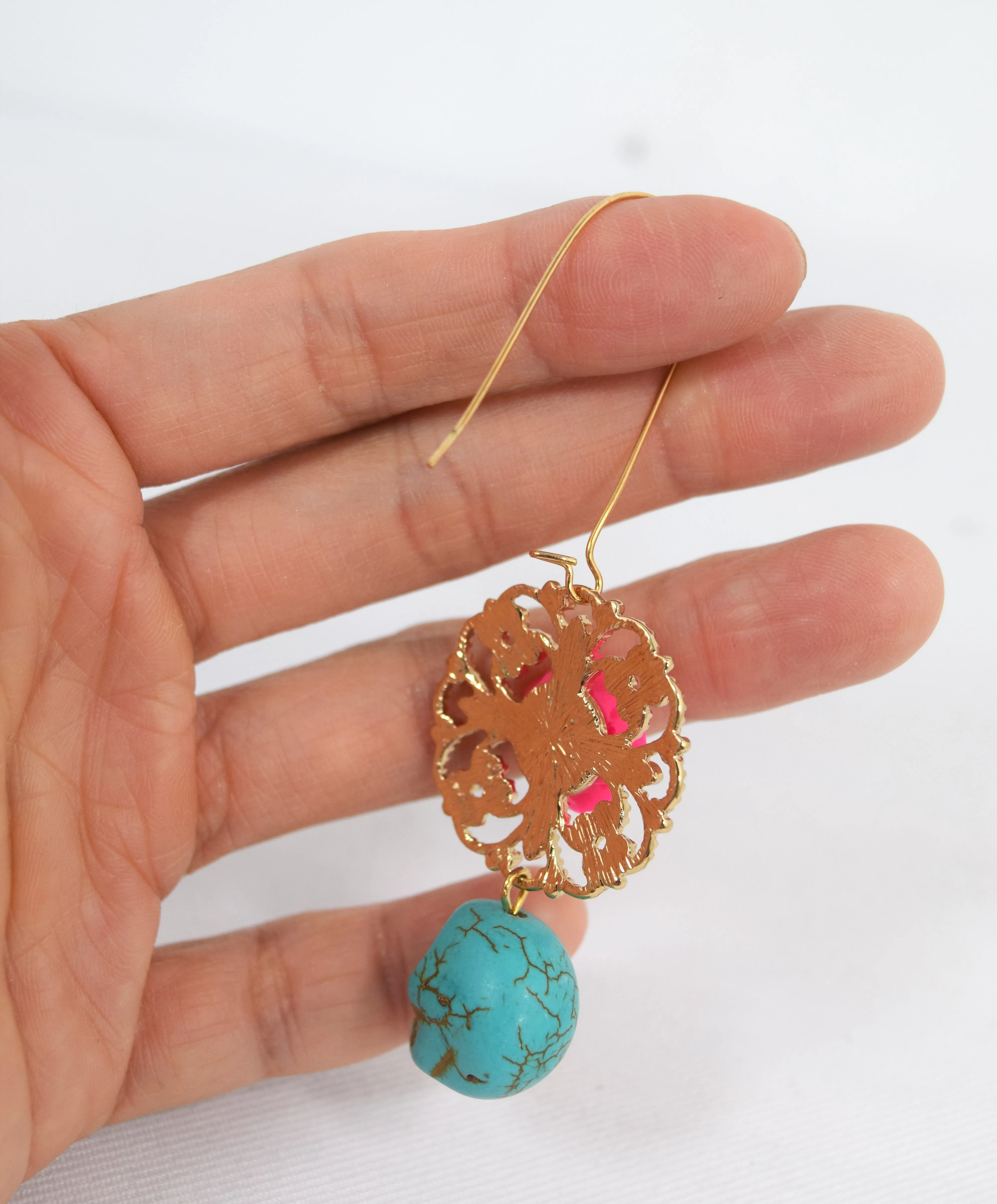 Day Of The Dead Pink Rose and Skull Turquoise Earrings