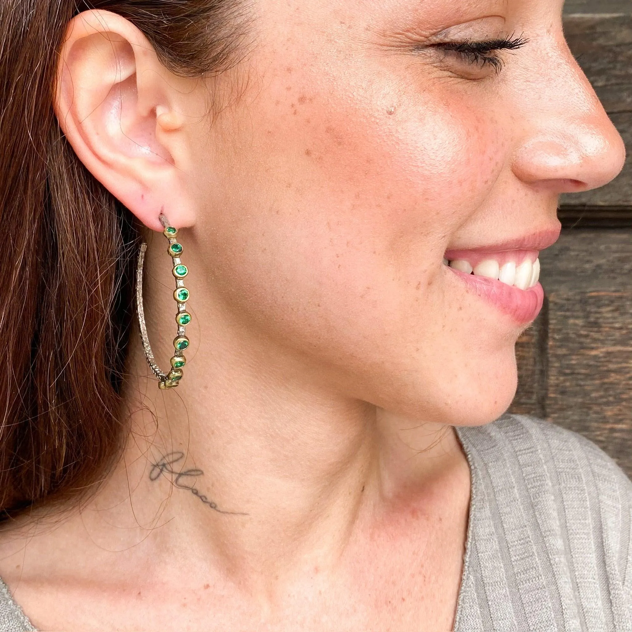 Designer Emerald Mixed Metal Silver Hoops