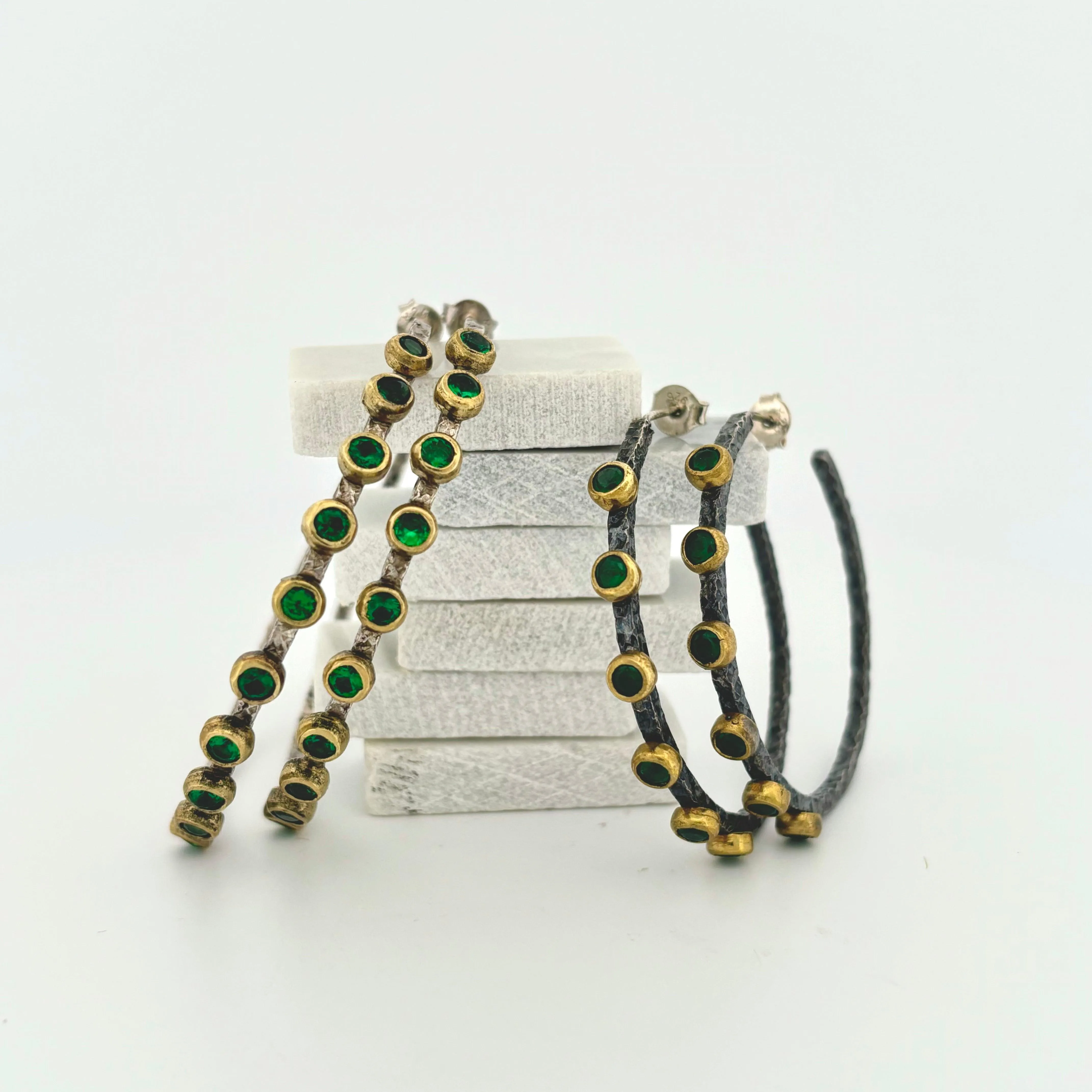 Designer Emerald Mixed Metal Silver Hoops