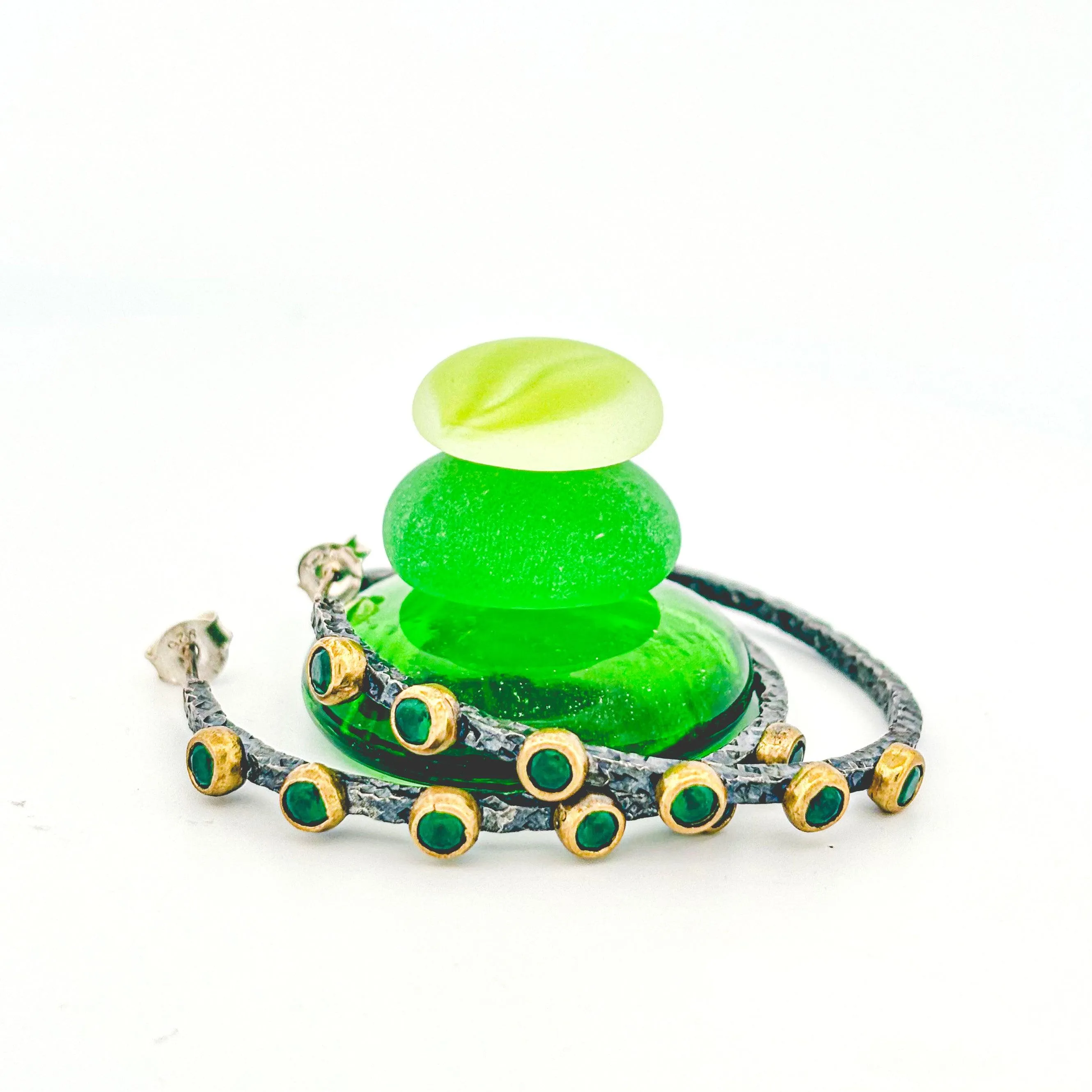 Designer Emerald Mixed Metal Silver Hoops