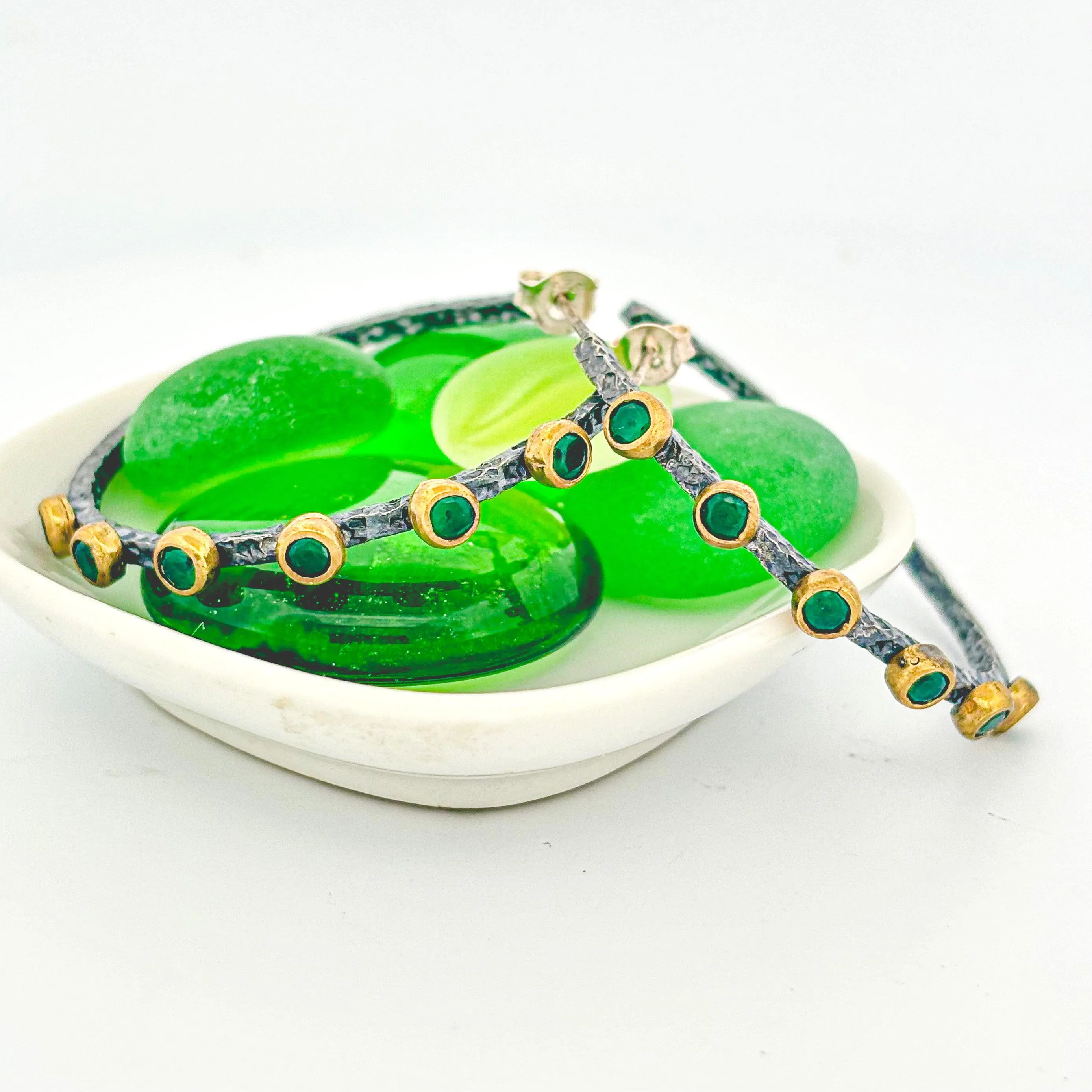 Designer Emerald Mixed Metal Silver Hoops