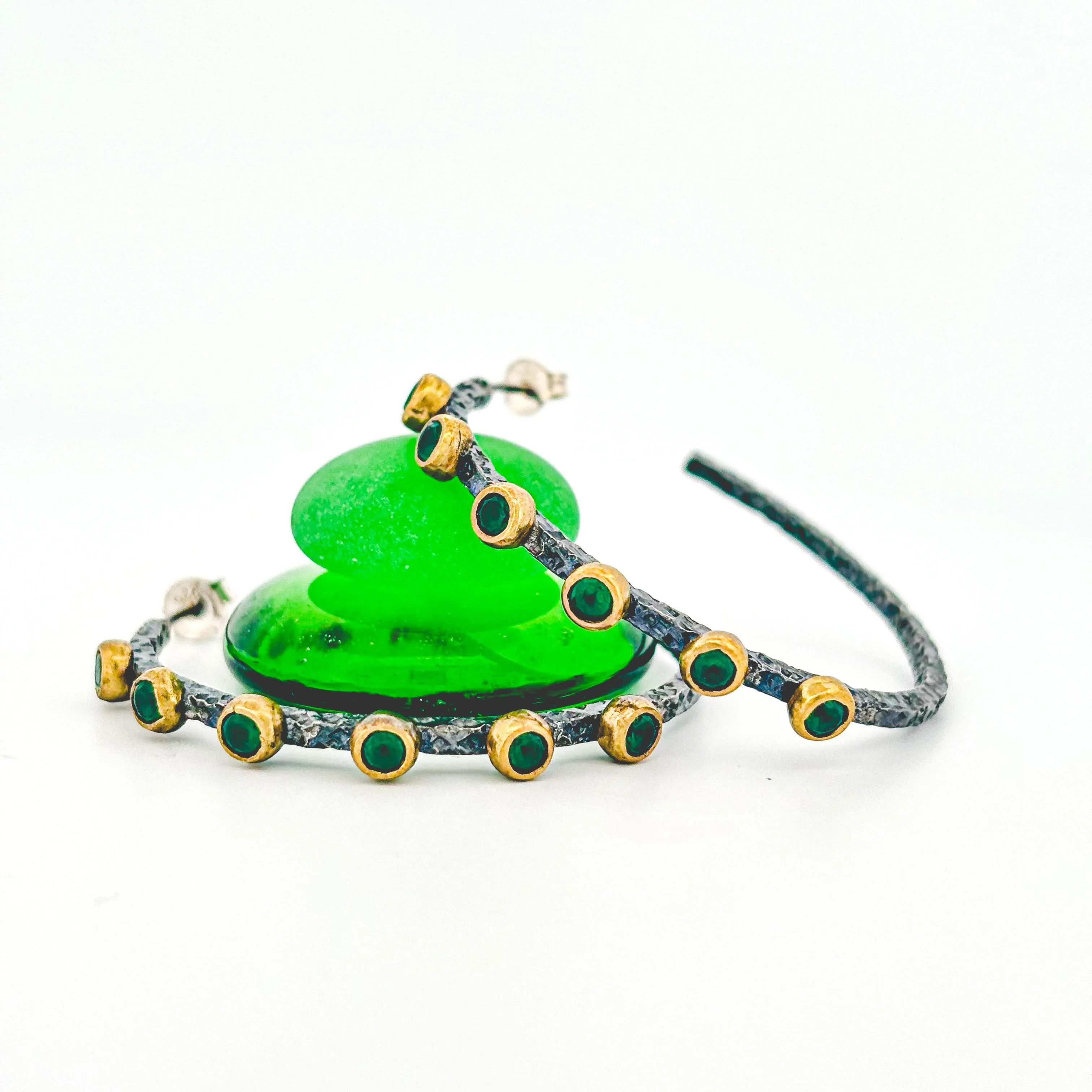 Designer Emerald Mixed Metal Silver Hoops