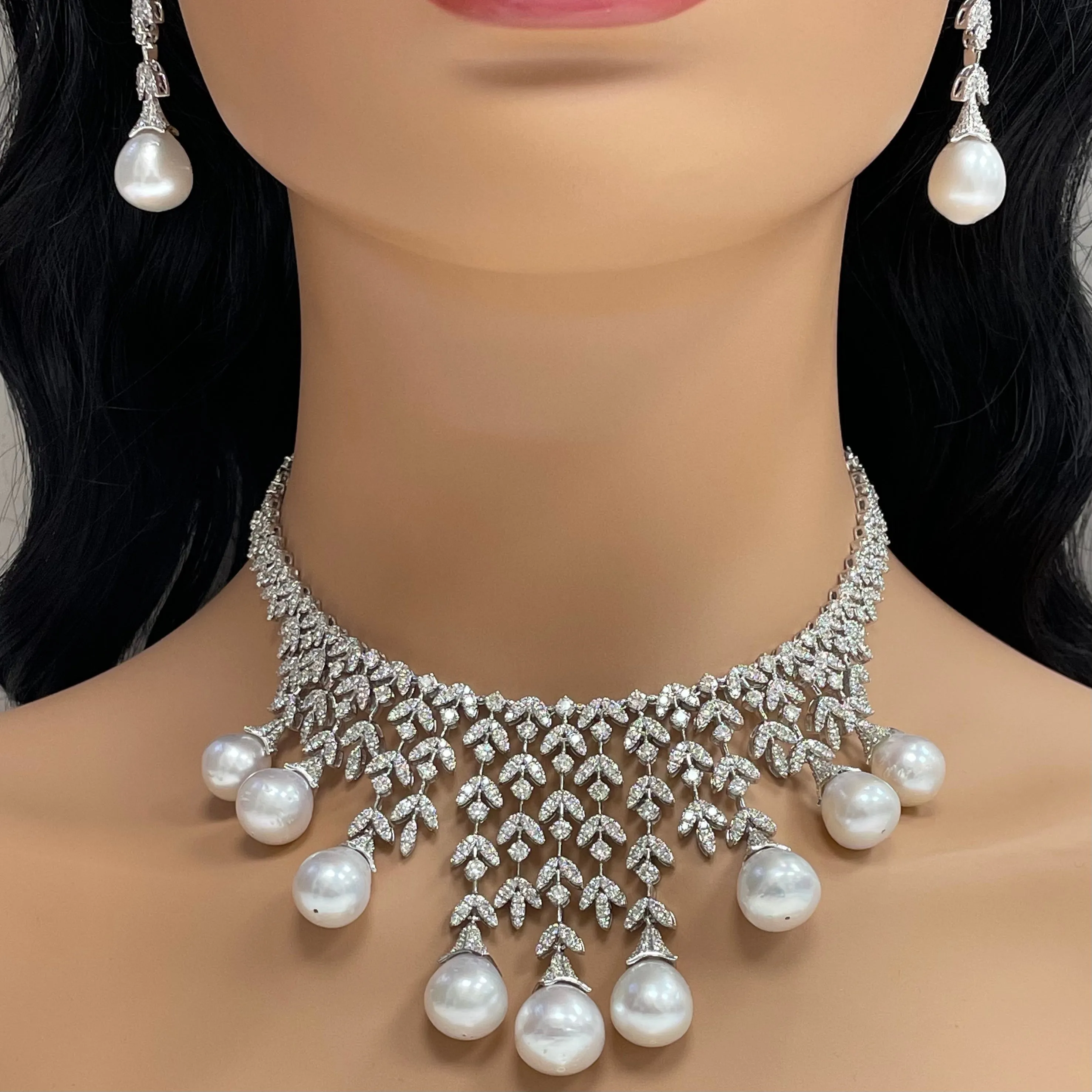 Diamond & Pearl Vines Suite (191.35 ct Pearls & Diamonds) in White Gold