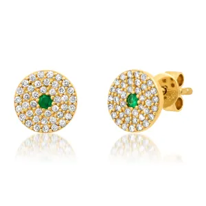 DIAMOND DISC EMERALD CENTER STUDS, 14kt GOLD