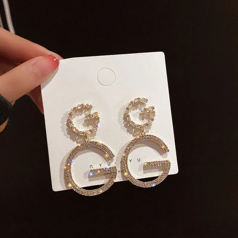Double Letter G Dangling Crystal Earrings