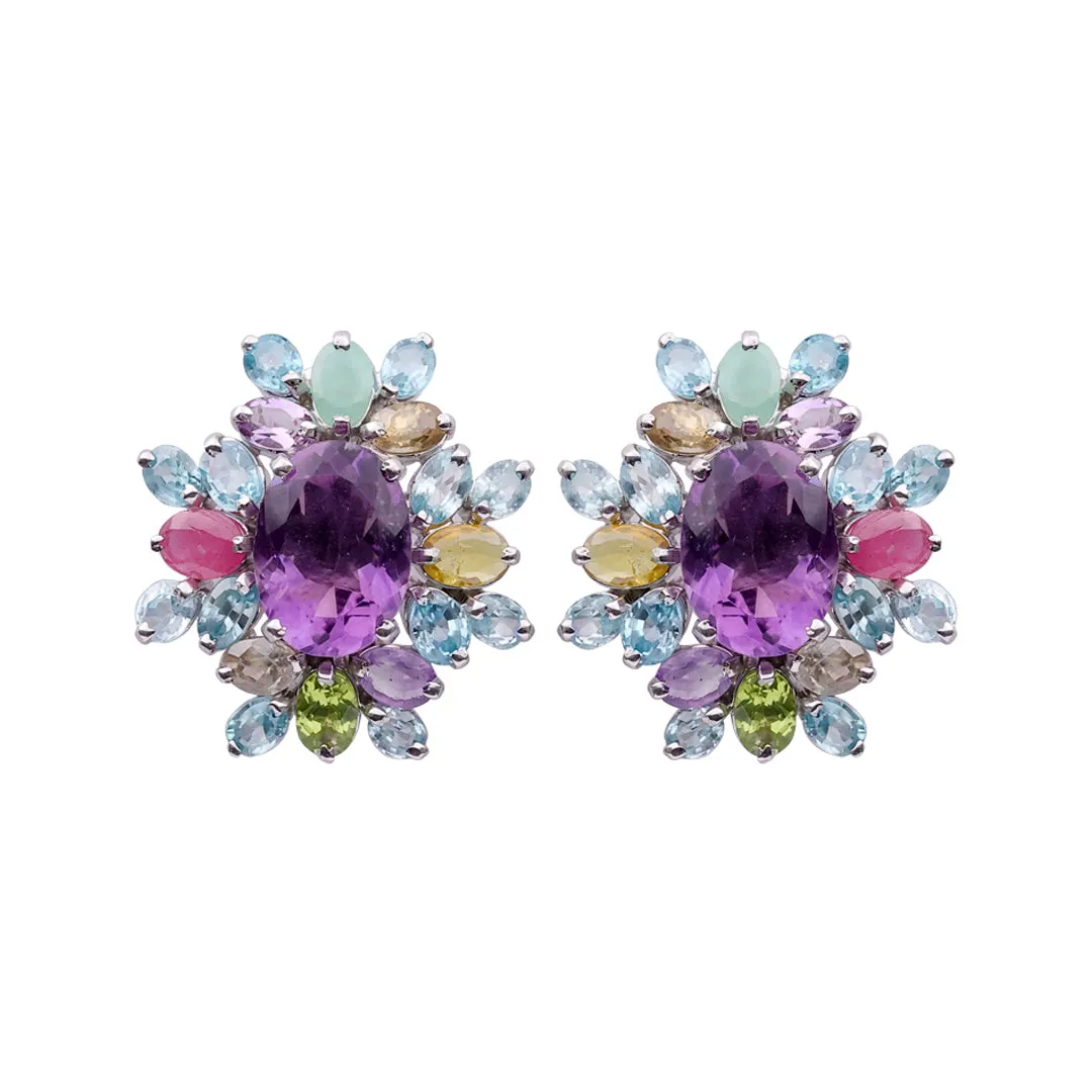 Earrings - Amethyst and Multi Gem Flower