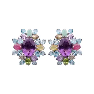 Earrings - Amethyst and Multi Gem Flower