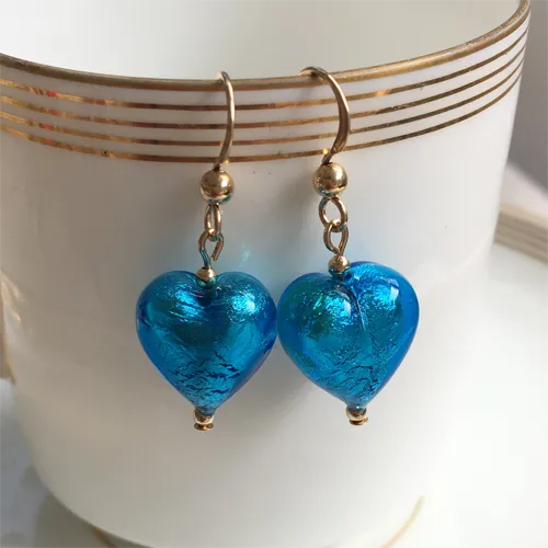 Earrings with turquoise (blue) Murano glass small heart drops on silver or gold hooks