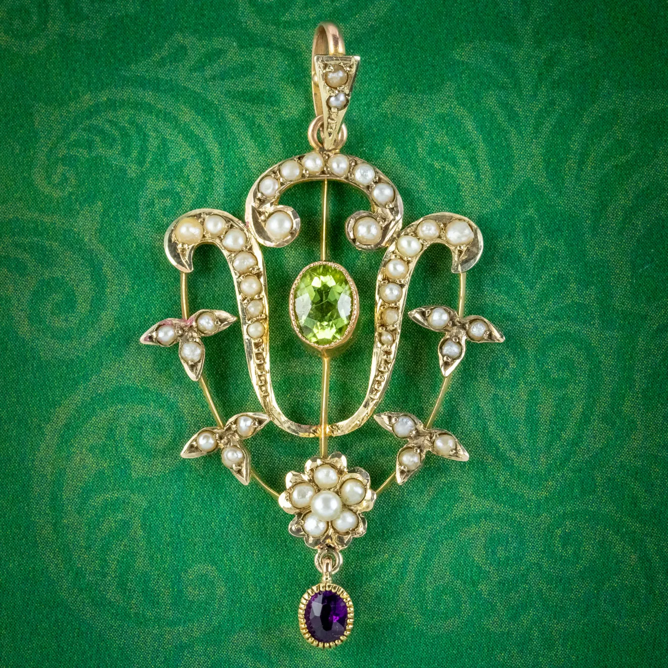 Edwardian Suffragette Pendant Peridot Amethyst Pearl 9ct Gold Circa 1910