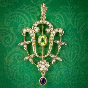 Edwardian Suffragette Pendant Peridot Amethyst Pearl 9ct Gold Circa 1910