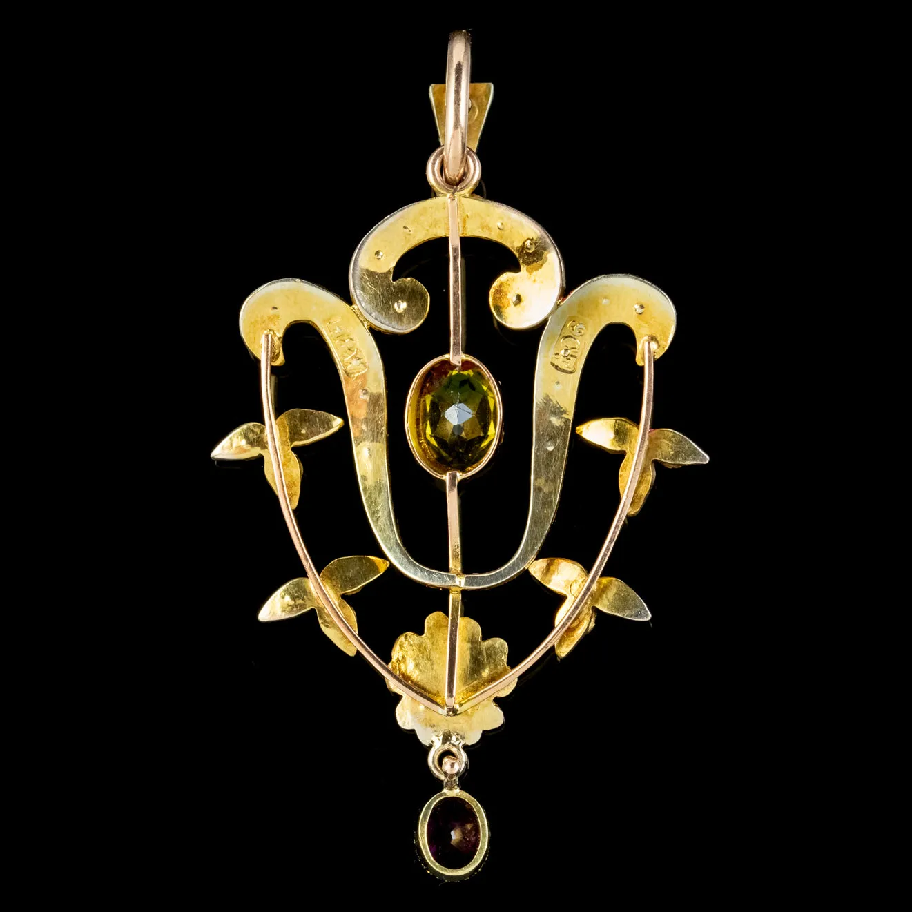 Edwardian Suffragette Pendant Peridot Amethyst Pearl 9ct Gold Circa 1910