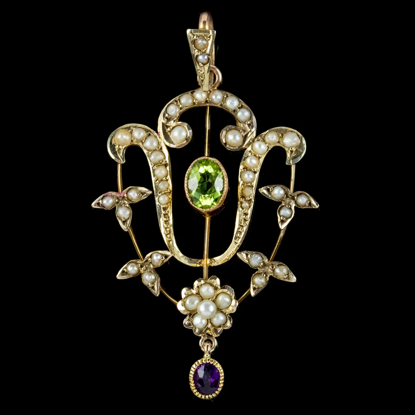 Edwardian Suffragette Pendant Peridot Amethyst Pearl 9ct Gold Circa 1910