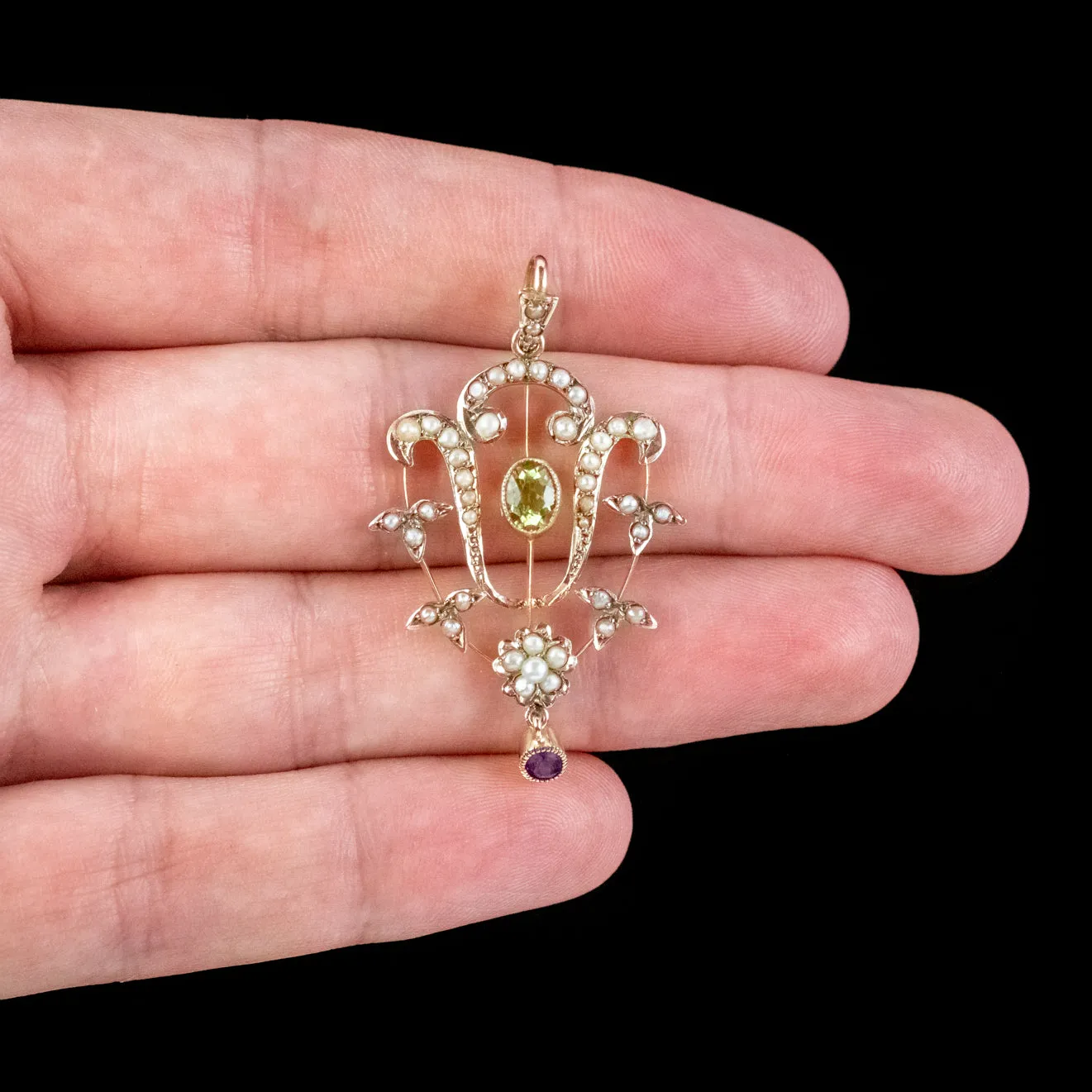 Edwardian Suffragette Pendant Peridot Amethyst Pearl 9ct Gold Circa 1910