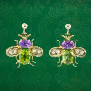 Edwardian Suffragette Style Insect Bee Earrings Amethyst Peridot Pearls