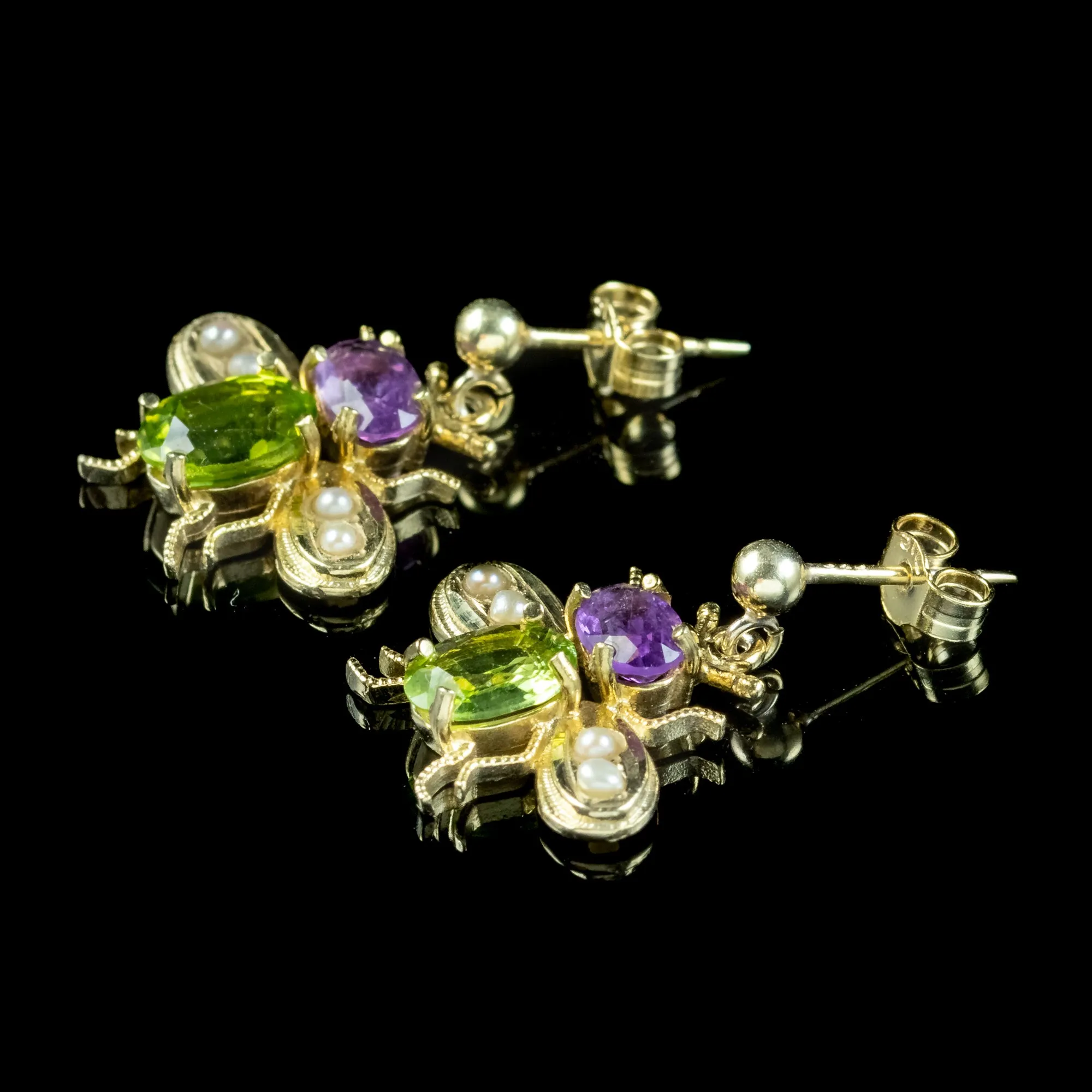 Edwardian Suffragette Style Insect Bee Earrings Amethyst Peridot Pearls