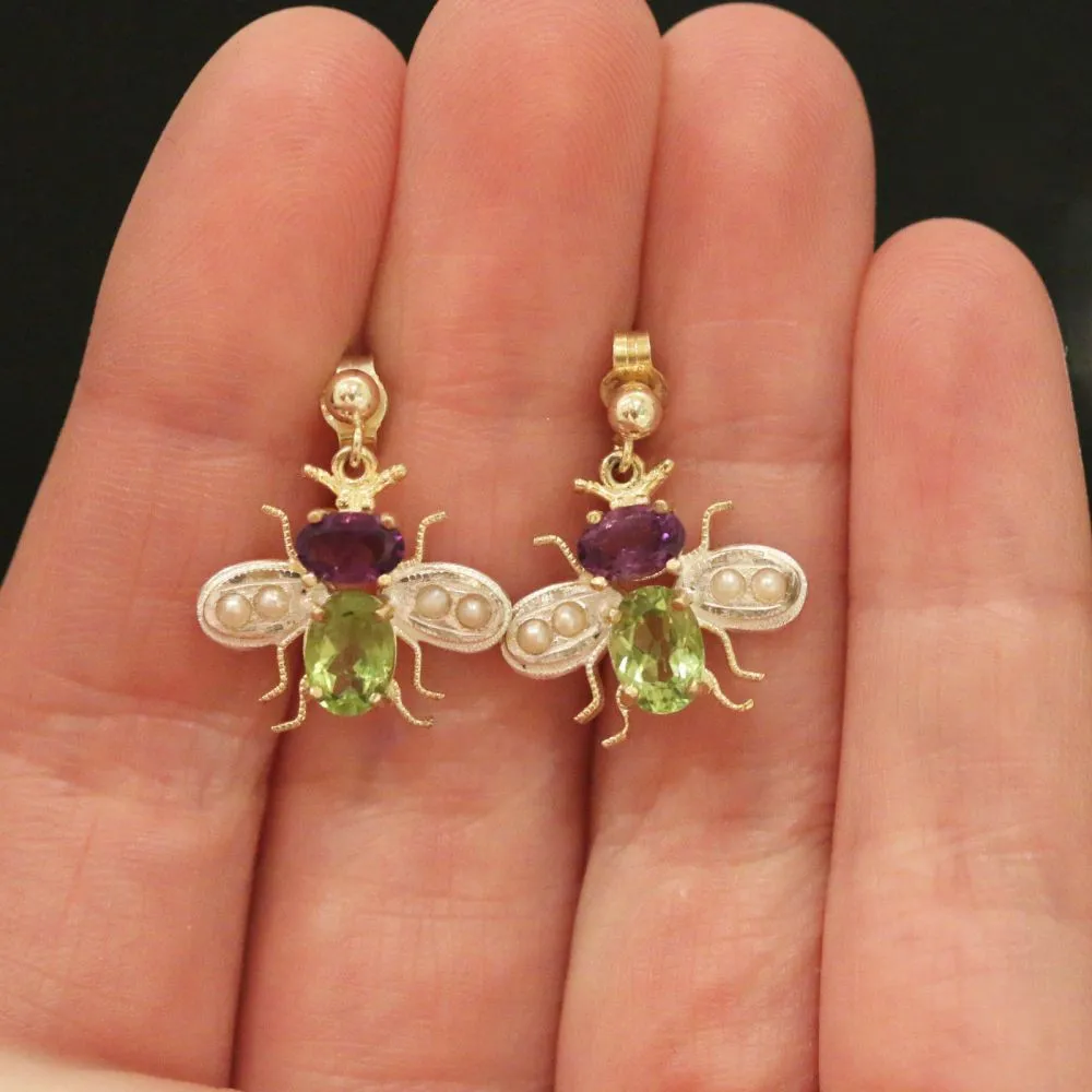 Edwardian Suffragette Style Insect Bee Earrings Amethyst Peridot Pearls