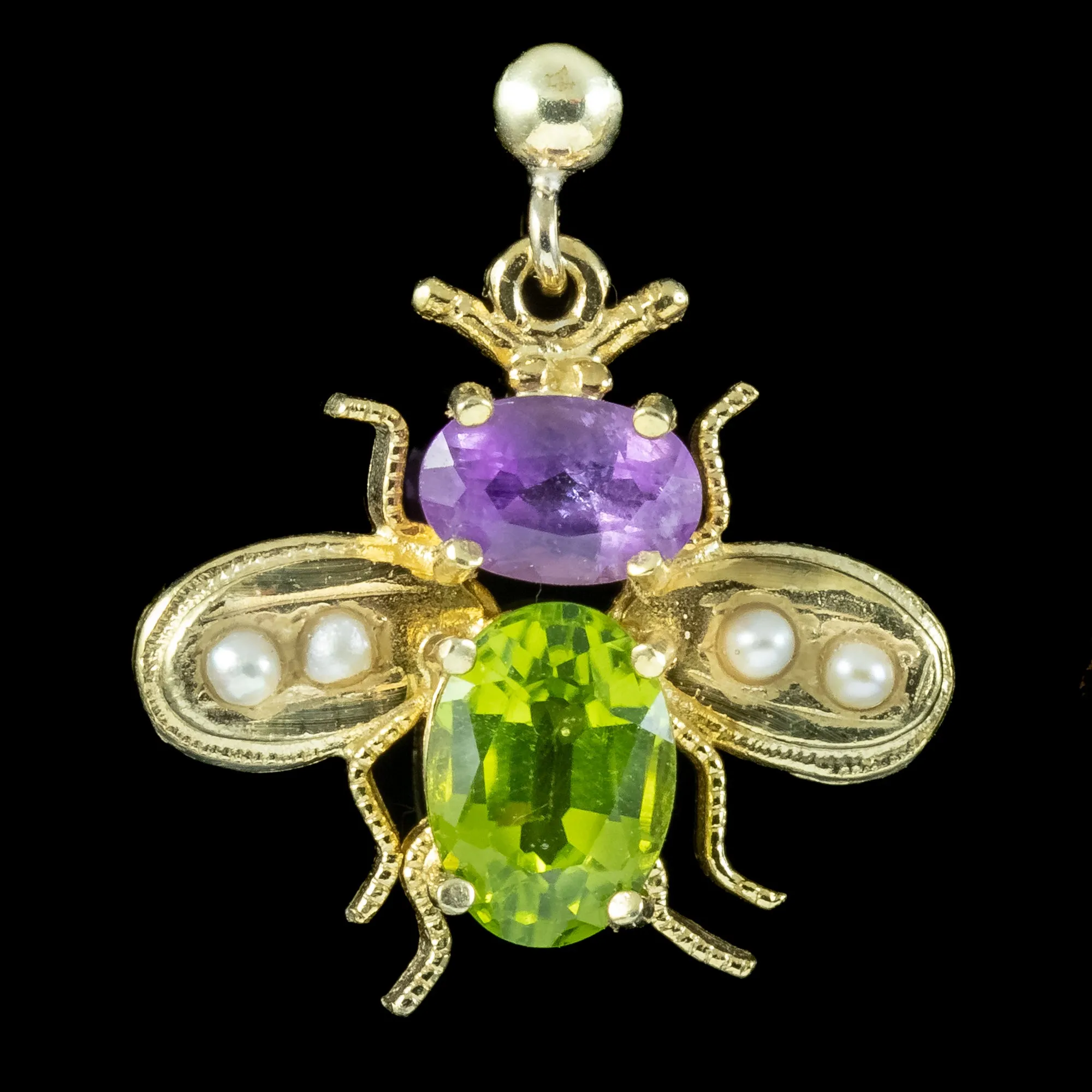 Edwardian Suffragette Style Insect Bee Earrings Amethyst Peridot Pearls
