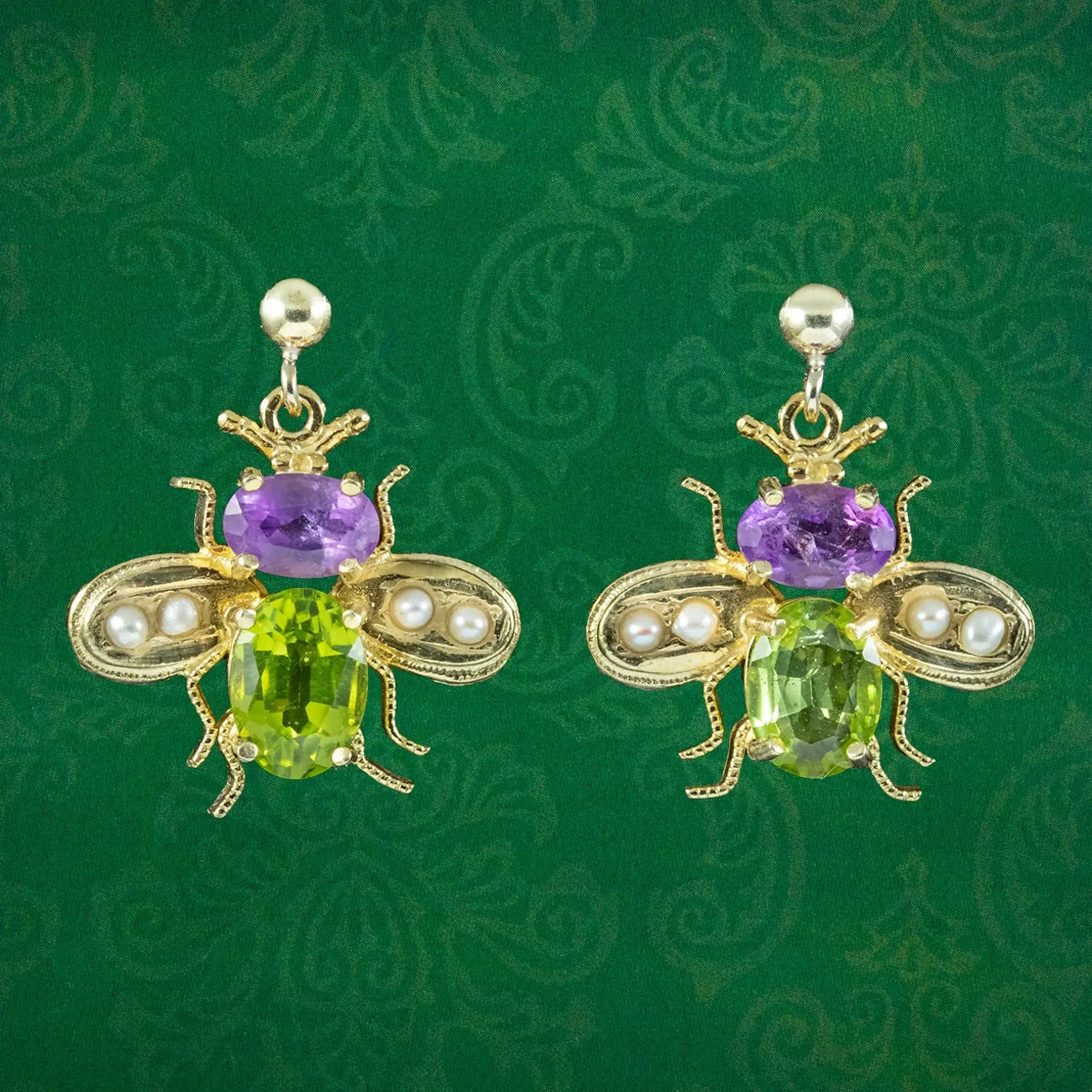 Edwardian Suffragette Style Insect Bee Earrings Amethyst Peridot Pearls