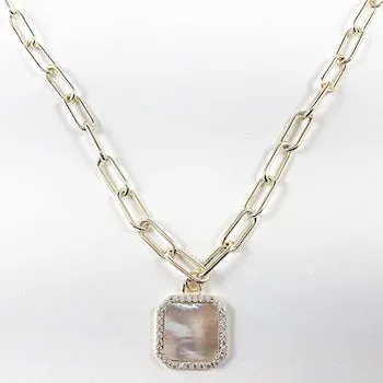 Elegant Link Square Mother Of Pearl Dangle Pendant Gold Tone Brass Necklace