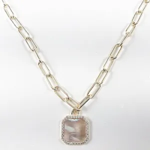 Elegant Link Square Mother Of Pearl Dangle Pendant Gold Tone Brass Necklace