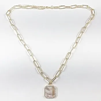 Elegant Link Square Mother Of Pearl Dangle Pendant Gold Tone Brass Necklace